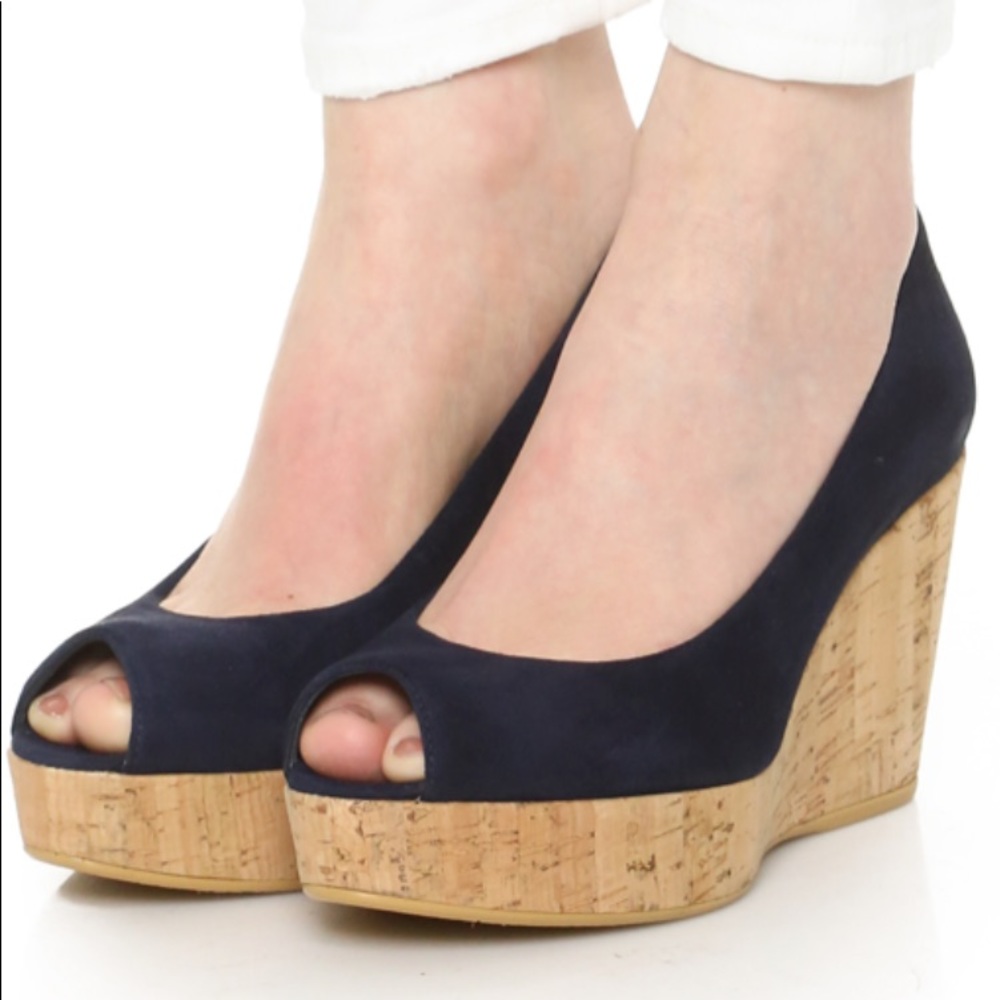 NIB Stuart Weitzman Peep Toe Suede Cork Heel Wedges size 9.5